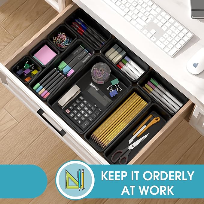 16 PCS Drawer Organizer Set, 4 Size Makeup Drawer Divider Organizer With Non-Slip Pads, Interlocking Plastic Storage Bins for Office,Jewelry Vanity,Gadgets, Bathroom,Kitchen, Black