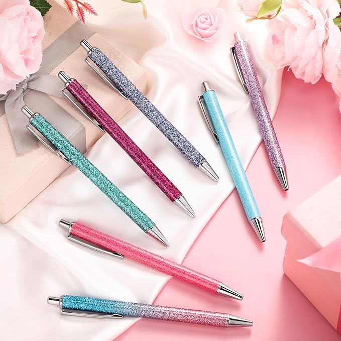 Sherr 7 Pcs Fancy Pens for Women Cute Sparkly Glitter Pens with 10 Pcs Black Ink Refills Pretty Gifts for Girls Office School Christmas Graduation(Glitter)