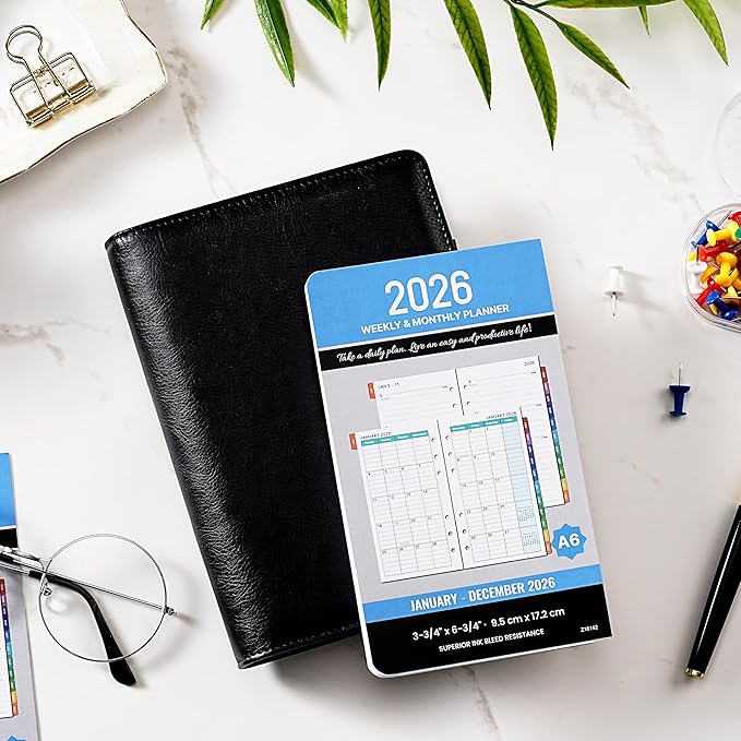 2026 Planner Refills - 4" x 7", A6 Weekly and Monthly Planner Inserts, Jan. 2026 - Dec. 2026, Planner Refills 2026, 6 Holes, Colorful Monthly Tabs