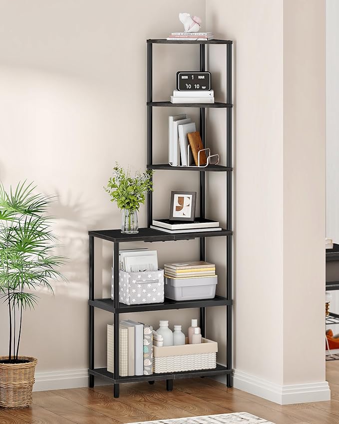 6-Tier Corner Shelf, Industrial Corner Bookshelf with Desk Top, Diamond-Shaped Storage Shelves, Display Stand for Small Spaces, Living Room, Home Office, Foyer, Black TCJ70BB
