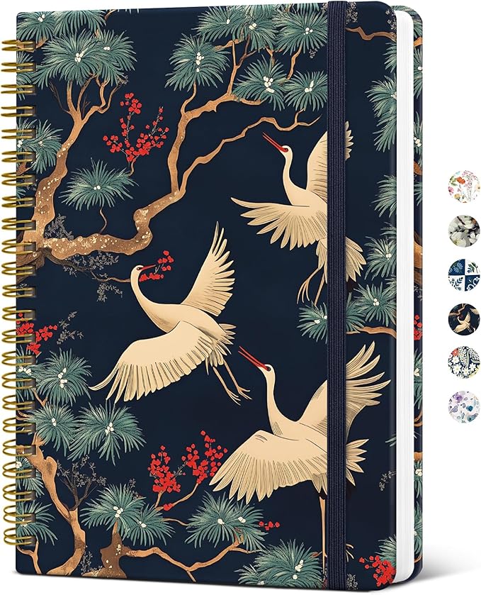 Taja Spiral Journal Notebook for Women, Pretty Hardcover Lined Notebook for Work & Note Taking, Aesthetic Cute Journal for Writing, 140 Pages, 5.8"x8.3", Crane