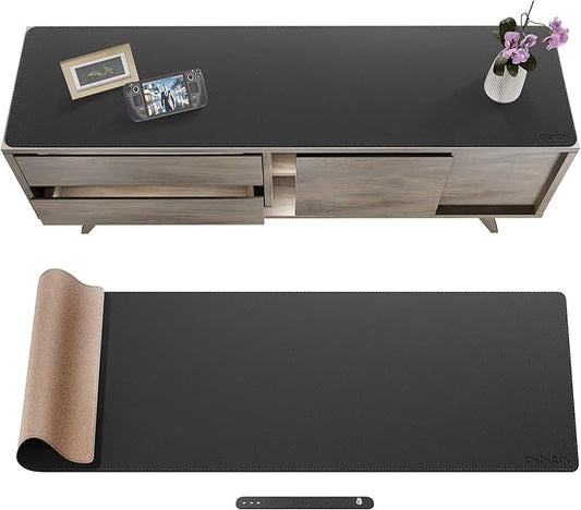 Chihein 59” x 16” Cork & PU Leather Desk Mat (Black) - Huge Mouse Pad, Double Sided Waterproof Desk Pad Protector for Gaming, Office, Home