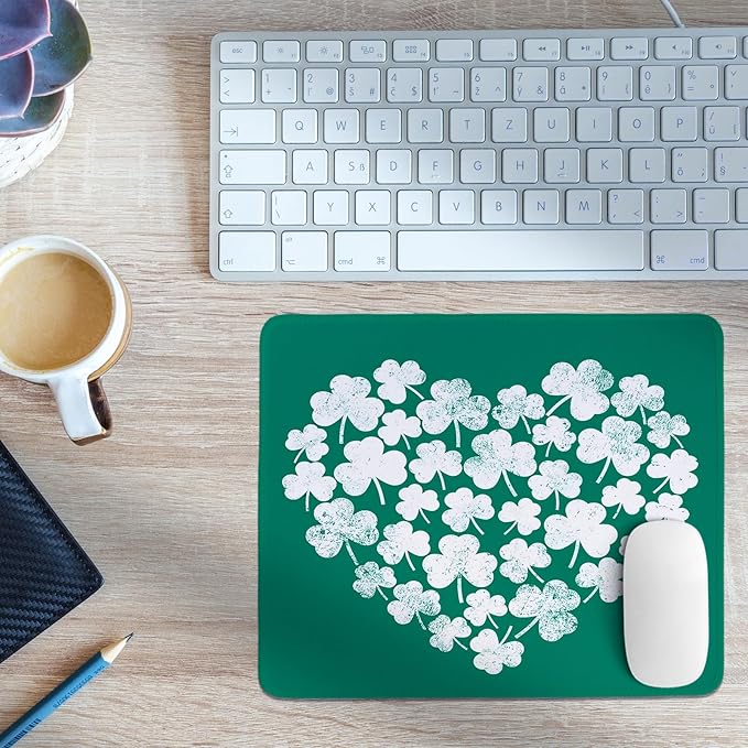 Cute St Patricks Day Mouse Pad,Green Shamrock Heart Mouse Pad,Shenanigans Desk Mat, Lucky Clover Pattern Desk Mat,for Dorm Home Office Decor,St Patricks Day Gift,10.2x8.3 Inch