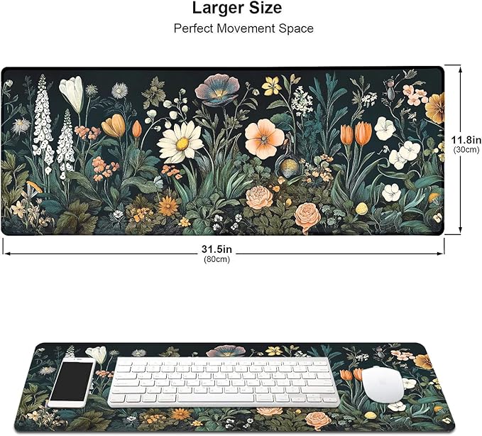 Vintage Wildflowers Floral Large Mouse Pad, Desk Mat Computer Keyboard Pad Non-Slip Rubber Base Waterproof with Stitched Edges for Laptop Gaming, Office & Home 31.5 x 11.8 Inch