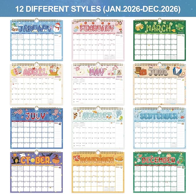 2026 Wall Calendar - 12 Monthly Calendar 2026, January 2026 - December 2026,11.5" x 14.8", 2026 Calendar with Twin-Wire Binding, Hanging Hook, Blocks and Julian Dates (Wall Calendar Seasonal)