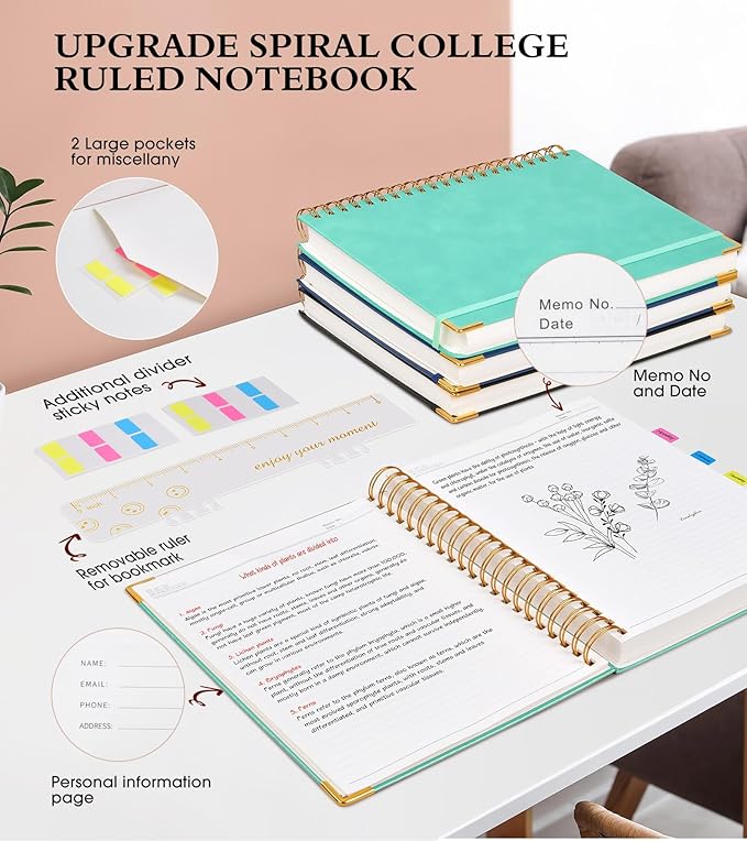 Spiral Notebook Journal 7.6” x 10”, 300 Pages Hardcover Leather Lined Journals for Women Men, B5 Large College Ruled Notebooks with 100 GSM Thick Paper, Spiral Journal for Writing Work School, Teal