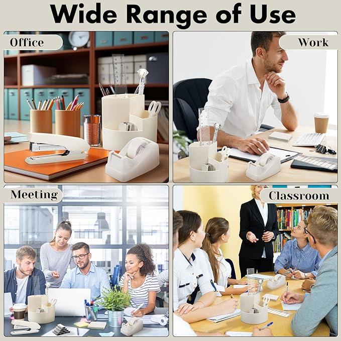 Marspark Office Desk Accessories 12 Pcs Office Supplies Set 360° Rotating Pen Holder, Stapler, Tape Dispenser, Scissor, Sticky Notes, Binder Clips, Desk Organizers Gift for School (Beige)