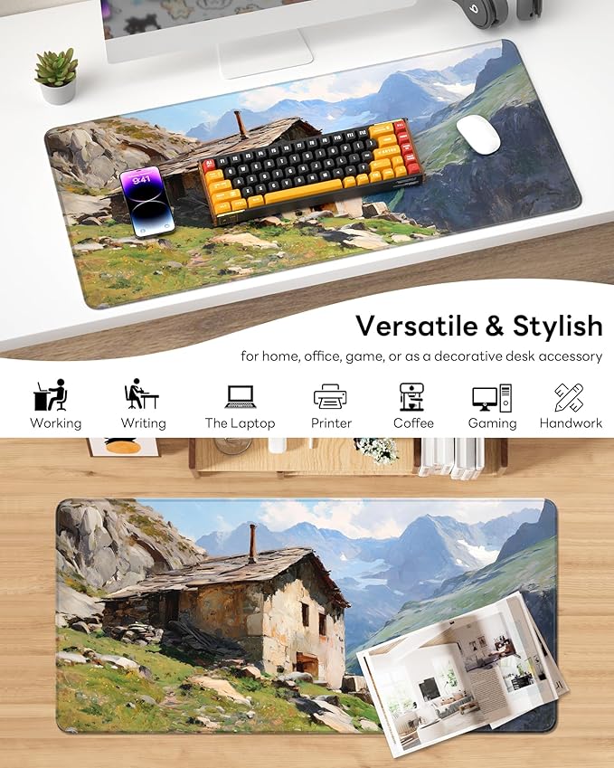 XL Gaming Mouse Pad, 31.5x17.5'' Large Desk Mat with Anti-Slip Rubber Base & Stitched Edges for Gaming, Office, Home - Oil-painted