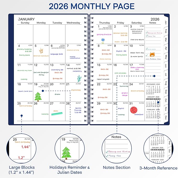 2026 Planner, Weekly ＆ Monthly Planner 2026, Jan 2026 – Dec 2026, 6.2" x 8.42", Flexible Cover, 12 Monthly Tabs, Thick Paper, Spiral Wirebound, Inner Pocket, A5, Blue
