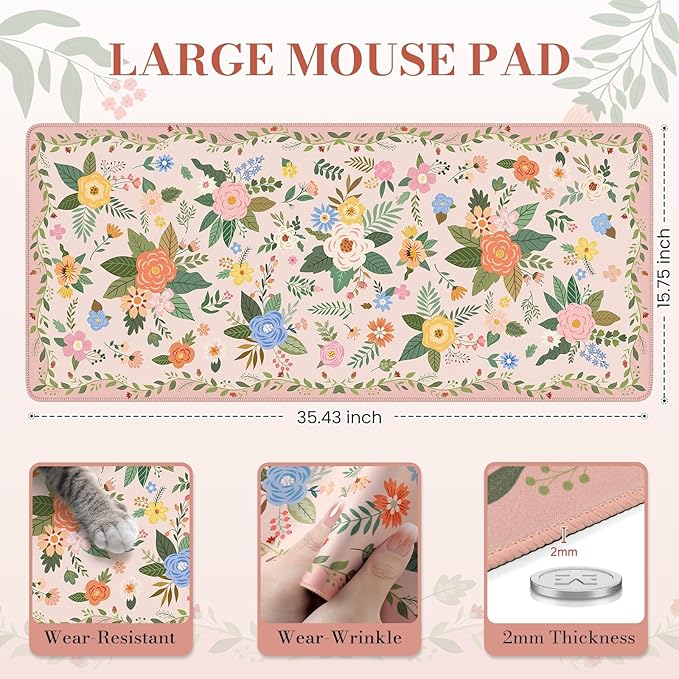 iCasso Floral Desk Mat for Keyboard and Mouse,Cute Gaming Mouse Pad XXL,Anti-Slip Desk Matt for Desktop,Soft Lycra Surface Computer Mat Women,Girly Big Mousepad for Home Office (Pink Floral)