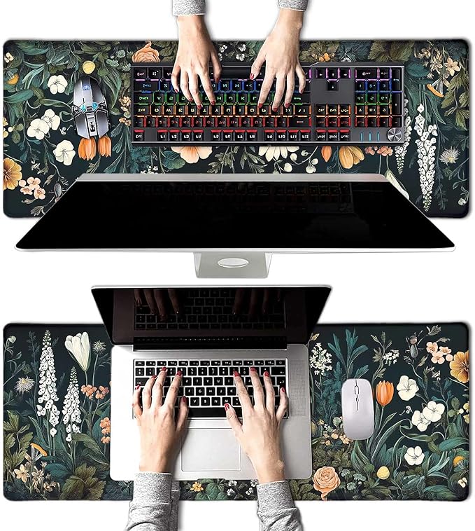 Vintage Wildflowers Floral Large Mouse Pad, Desk Mat Computer Keyboard Pad Non-Slip Rubber Base Waterproof with Stitched Edges for Laptop Gaming, Office & Home 31.5 x 11.8 Inch