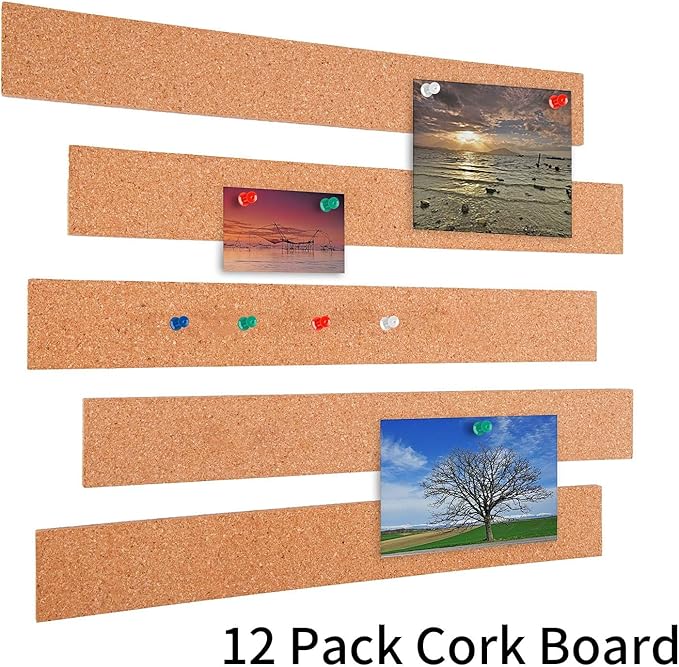 Cooraby 12 Pack Cork Strips 15 x 2 Inch Frameless Self-Adhesive Cork Board with 40 Pieces Cork Board Pins for Classroom Office