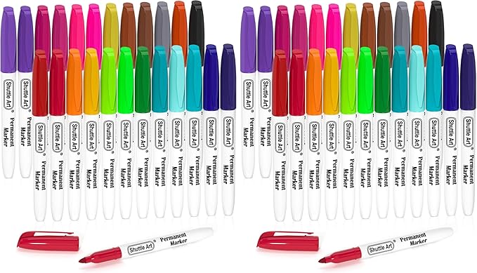 Shuttle Art Permanent Markers, 24 Colors Fine Point Assorted Colors Permanent Marker Set, Works on Plastic,Wood,Stone,Metal and Glass for Doodling, Coloring, Marking (Pack of 2)