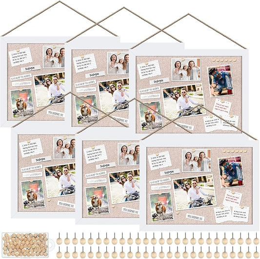 Teling 6 Pack Wood Bulletin Boards with Linen 12''x 16'' Cork Board for Walls with 60 Pushpin Decorative Wood Framed Display for Classroom School Office Bedroom (White)