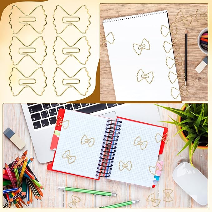 Jetec 100 Pcs Pasta Paper Clips Gold Cute Fancy Mini Bow Shaped Stainless Steel Metal Bookmarks Bulk for Office Stationery School Supplies Document Note Sorting Wedding Decoration