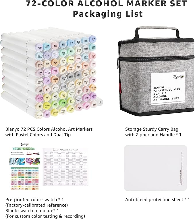 Bianyo 72 Pastel Dual Tip Colors Alcohol Art Markers, Dual Tip Alcohol-Based Markers with Brush and Chisel Points for Artists and Adults Comics Drawing Sketching Illustration with Storage Bag