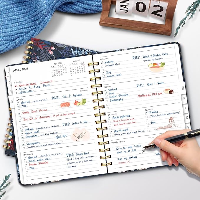 2026 Planner, A5 Weekly and Monthly Planners with Tabs, Spiral Bound Daily Calendar 2026 Planner, Agenda Organizers from Jan. to Dec., Hardcover Habit Tracker Journal 6.18" x 8.5"(Black Bloss)