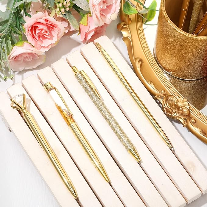 Sabary 8 Pcs Gold Pens with Pen Holder for Desk Glitter Crystal Diamond Cute Ballpoint Fancy Pencil Holder Bling Desk Organizer for Women Girls Gifts School Office Christmas New Year Supplies