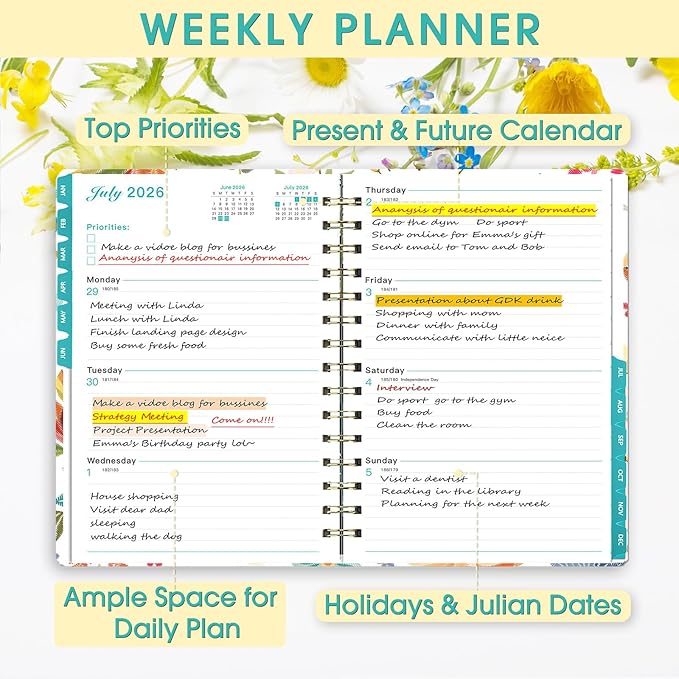 Ymumuda 2026 Planner, Daily Weekly and Monthly Planner，Jan 2026 - Dec 2026, 8.4" x 6.3", 2026 Calendar Planner Book with Tabs, Spiral Notebook with Inner Pocket for Office Home School Supplies