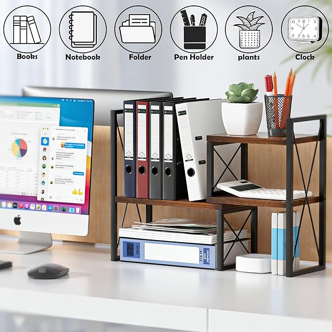 Desktop Shelf Organizer,Small Bookshelf for Office,Wood Desk Top Shelves, Office Organization and Storage (Brown)