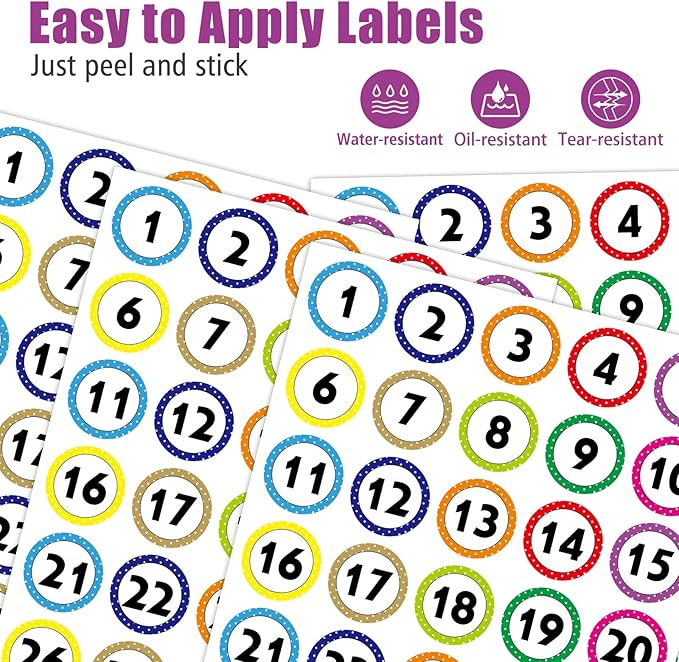 400 Number Stickers 1-40, 10 Sheets of Polka Dot Waterproof/Oil-Resistant/Tear-Resistant Removable Numbered Labels, Suitable for Storage Boxes, Cabinets, Bookshelves, Desks, Chairs, etc. (1 Inch)