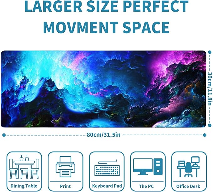 Dazzling Galaxy Gaming Mouse Pad Blue Desk Mat XL Mouse Gaming Pads, Starry Sky Keyboard Pads Extra Large Desktop Computer Mats with Non-Slip Base & Stitched Edges, Vintage Office Decor 31.5x11.8