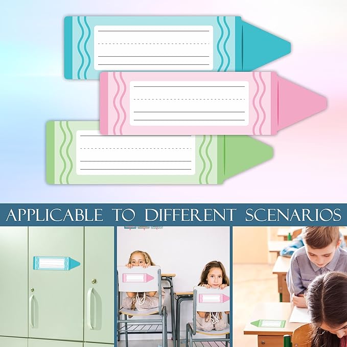 Self-Adhesive Student Name Tags -Colorful Crayon Shapes Name Plate Stickers for Teens -45 Pcs Multipurpose Name Label Favors Decorations & Supplies for Classroom Desks Bulletin Boards School -A09