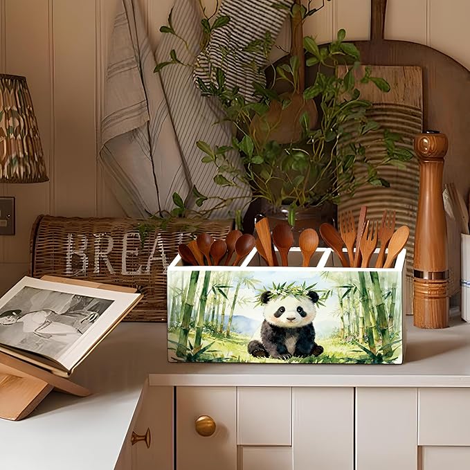 Panda Pen Pencil Holder for Desk Accessories, Cute Panda Gifts for Women & Kids, Wild Animal Wooden Box Sign Decorations for Kids Room Home Office Desk Tabletop