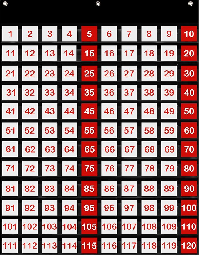 Essex Wares 120 Pocket Chart for Classroom - Hundreds Chart for Classroom for Dynamic Math Education - 1-120 Number Chart for Kids for Wall, 29" Wide x 27.5" Tall Counting Pocket Chart in Black