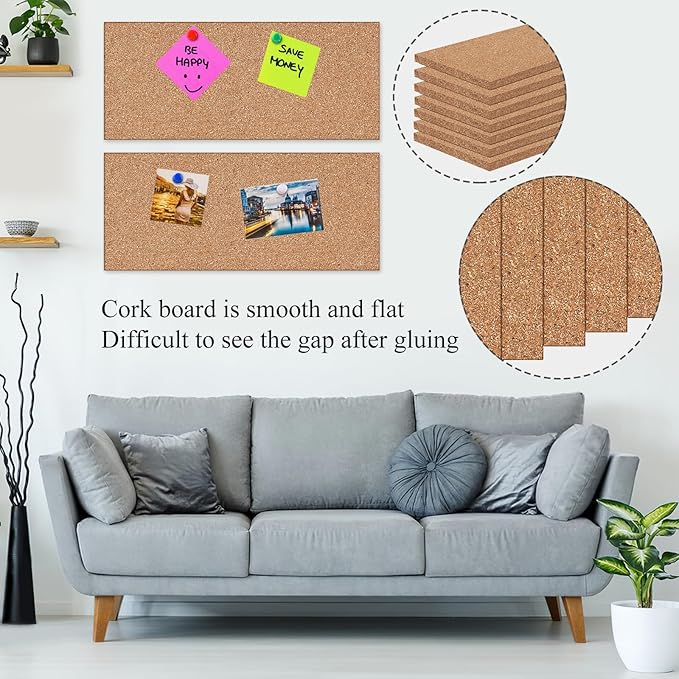 NACHLYNN Cork Board 6 Pack 17 x 8 Square Bulletin Board for Wall Self-Adhesive Corkboards with 100 Push Pins Frameless Cork Tiles for Walls Home Office