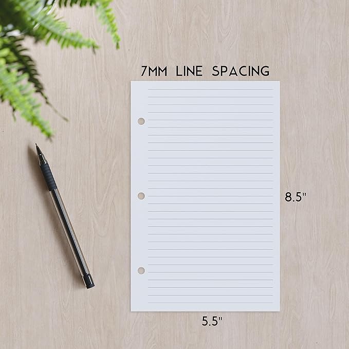 Half Letter Lined Paper, 3-Hole Punched, 250 Sheets/500 Pages, 100 GSM, Line Paper Binder Refill, 5.5 in. x 8.5 in., fits in Half Letter 3-Ring Binders, Mini Binder Refill Inserts