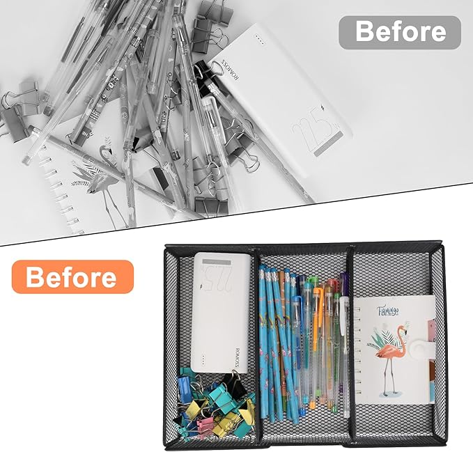 SANWICH Desk Drawer Organizer Tray with Compartments, 3 Grid Metal Mesh Drawer, Multi-use Desk Organizer Storage Box Set for Office,Home,School Supplies, 12.59X9.25X2.36 in (1pcs)