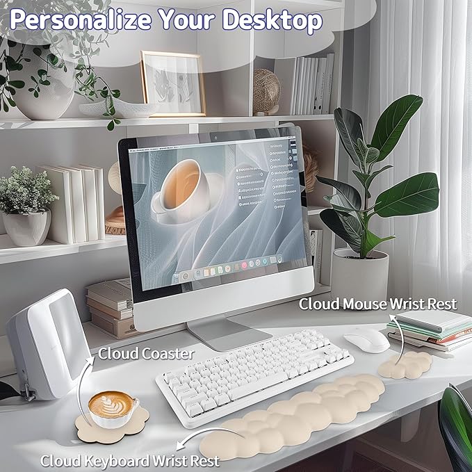 Cloud Wrist Rest Keyboard, Cloud Keyboard Wrist Pad Set with PU Leather Memory Foam, Cute Arm Rest for Palm Support, PC/Gaming Desk Accessories/Office Setup/Computer Hand Cushion - Beige