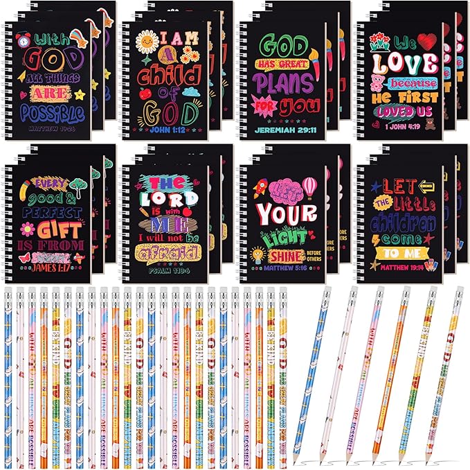 Crtiin Easter 48 Pcs Include 24 Bible Verse Notepad 24 Pencils Kids Christian Church Gifts Students Classroom Award Religious Notebook Bible Pencils Prayer Pocket School(Black Jesus,Black)