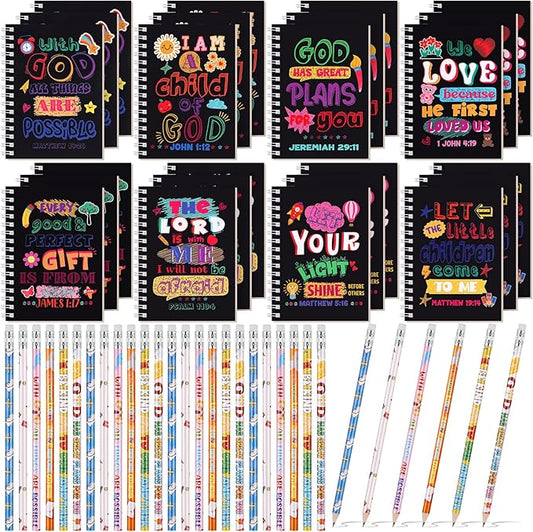 Crtiin Easter 48 Pcs Include 24 Bible Verse Notepad 24 Pencils Kids Christian Church Gifts Students Classroom Award Religious Notebook Bible Pencils Prayer Pocket School(Black Jesus,Black)