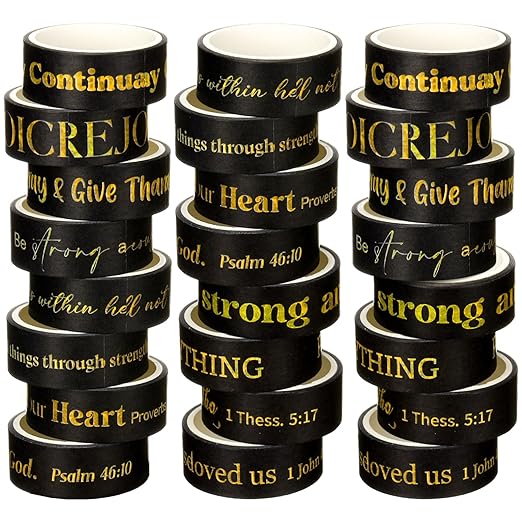 Janlaugh 24 Rolls Christian Washi Tape for Bible Journaling Valentine Black Gold Bible Verse Decorative Tape Bulk Religious Inspirational Scripture Supplies Gifts for Arts DIY Crafts Journals Wrapping
