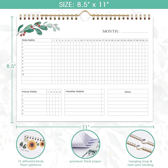Habit Tracker Calendar - 12 Months Undated Daily Planner, 8"x10", Weekly & Monthly Period Habit Tracker Journal, Floral, Spiral Binding with Writable Goals Habits Track