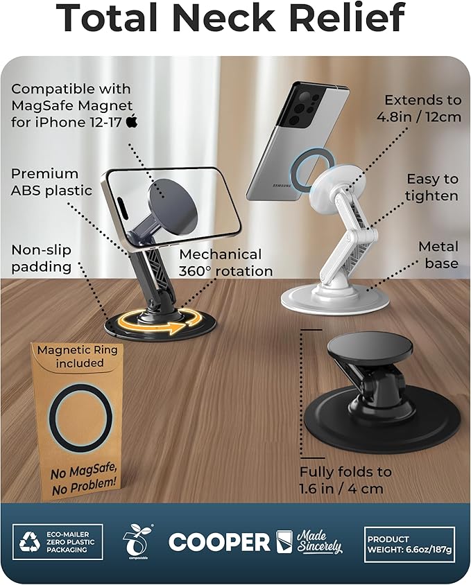 COOPER Mag360, Desktop MagSafe Stand for iPhone 17 Pro Max (16/15/14/13/12), Magnetic Phone Holder for Desk, 360° Rotating, Height Adjustable, Magnetic Phone Stand for Desk, with Metal Ring (Black)
