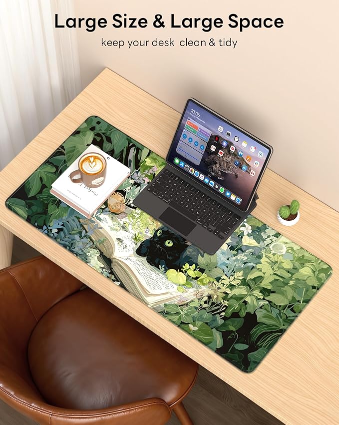 XL Gaming Mouse Pad, 31.5x17.5'' Large Desk Mat with Anti-Slip Rubber Base & Stitched Edges for Gaming, Office, Home - Reading Cat