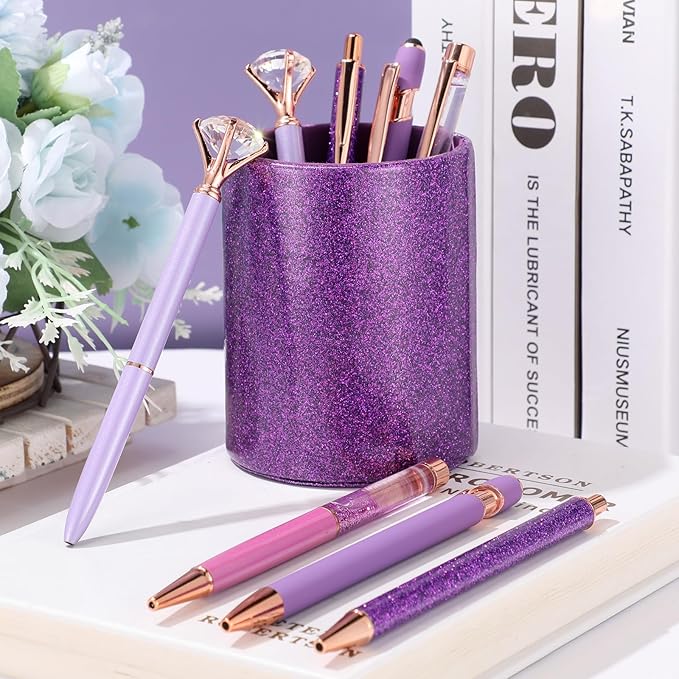 Sabary 8 Pcs Purple Pens with Pen Holder for Desk Glitter Crystal Diamond Cute Ballpoint Fancy Pencil Holder Bling Desk Organizer for Women Girls Gifts School Office Christmas Supplies