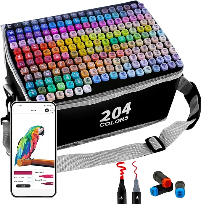 204 Colors Alcohol Markers with APP, Dual Tip Art Marker for Adults Coloring Books, Alcohol Based Ink Illustration Markers Set for Adult Artist Drawing Sketching Painting Lettering Cards