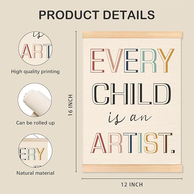 ROXMART Boho Kids Poster Hanger Frame, Boho Playroom Wall Decor, Every Child Is an Artist Wall Art Prints Decor for Toddler Kids Room Nursery Playroom Classroom Homeschool, 12x16 Inch