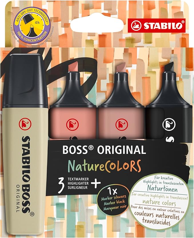 STABILO Highlighter BOSS ORIGINAL NatureCOLORS - Pack of 4 - Mud Green, Sienna, Umber, Black