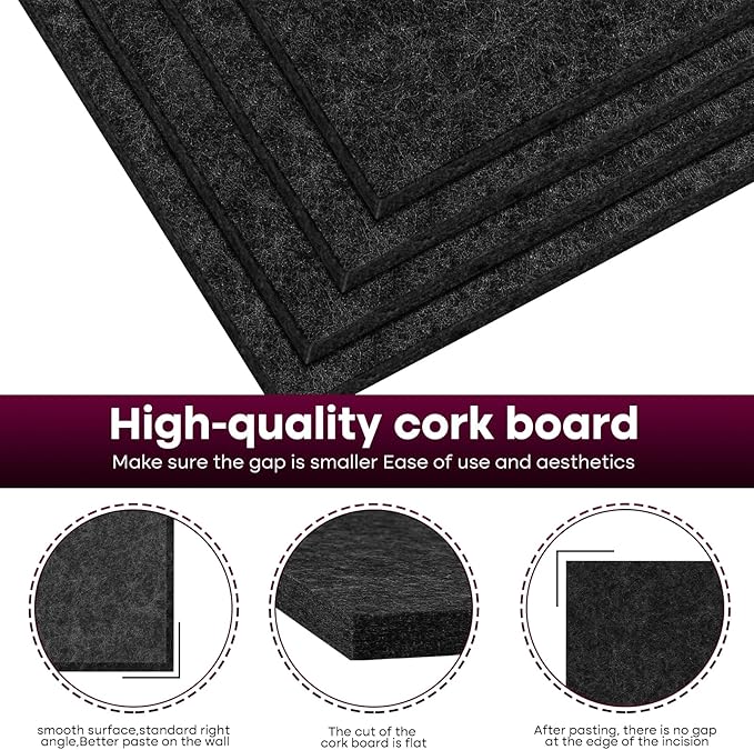 Felt Cork Board Tiles 6 Pack Black Bulletin Boards 12"x12" - 1/2" Thick Corkboards for Wall Bulletin Board Self Adhesive with 100 Push Pins for Wall School Home Office