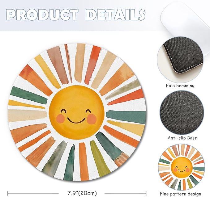 Boho Watercolor Rainbow Sun Mouse Pad,Cute Rainbow Sunshine Mouse Pads Mousepad for Desk Home Office Dorm Computers Laptop, Boho Office Supplies Desk Accessories, 7.9x7.9 Inch
