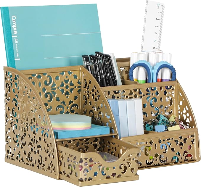 EasyPAG Pen Holder Desk Organizer with Drawer Pencil Cup for Desk 6 Compartments Metal Office Caddy Storage with Sticky Notes Holder for School Home Office, Gold