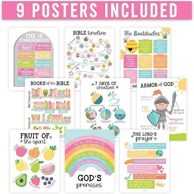 Hadley Designs Sunday School Decorations for Classroom – 9 Bible Posters for Kids, 11x14in Books of the Bible Poster, 10 Commandments, Fruits of the Spirit & More – Pastel Christian Classroom Decor