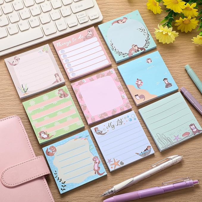 9 Pads Otter Sticky Notes 3x3 Inch Cute Self Stick Notepads Notes Adhesive Memo Pad Office Decor Gifts for Students School Teacher Meeting Office Supplies