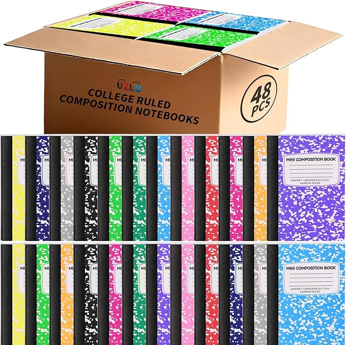 48 Pack Mini Composition Notebooks Bulk College Ruled Half Composition Notebook Narrow Ruled Small Pocket Marble Journal 12 Color-4.5" x 3.25"-60 Sheets for Students Office School Supplies