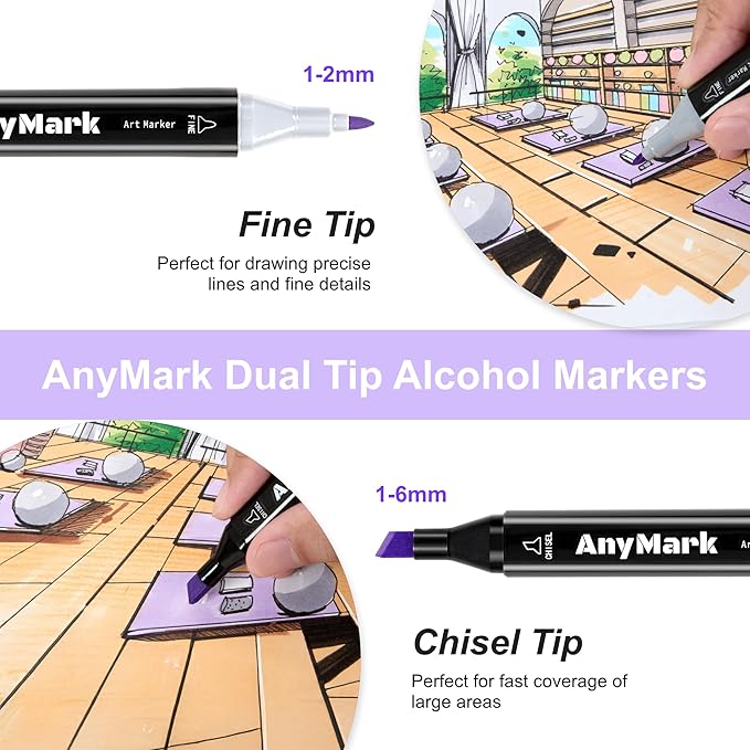 AnyMark Alcohol Markers, 120 Colors Dual Tip Art Coloring Markers Set for Adult Book Drawing Sketching Painting, Chisel & Fine, Black Penholder